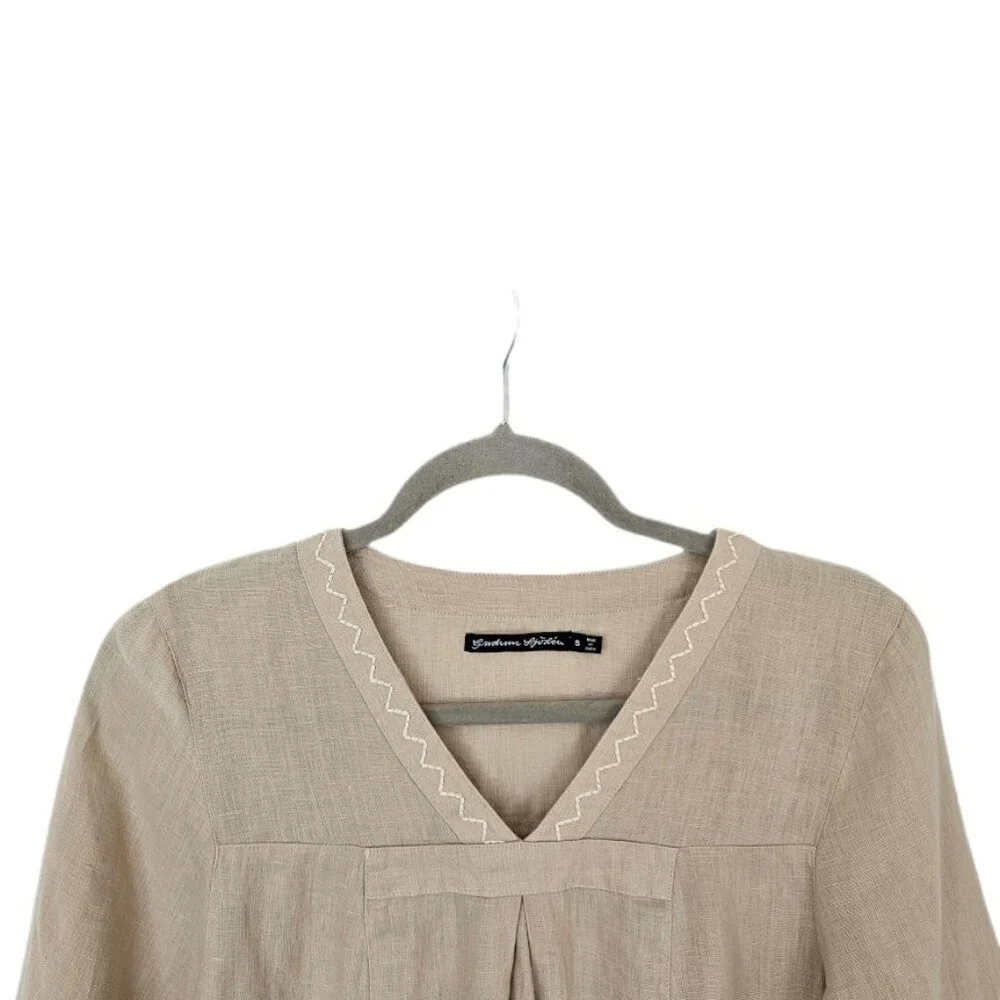 Gudrun Sjoden 100% Linen Dress Embroidered Neutral Tan Cream S - Picture 2 of 10